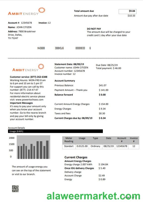 USA Texas Ambit Energy utility bill template in Word and PDF format
